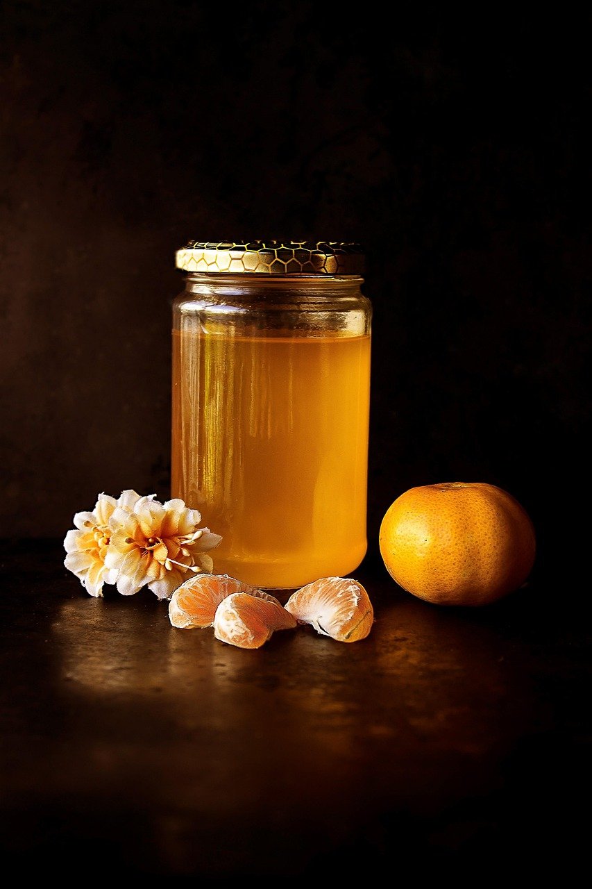 honey, jar, glass, food, liquid, orange, glass jar, citrus, fruits, orange segments, glass container, composition, still life, honey, honey, honey, honey, honey, still life
